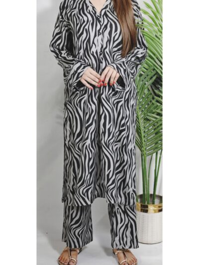 Zebra Noir Linen Co-Ord Set for Womenq